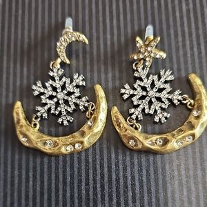 Gold Tone Star & Moon Rhinestone Dangle Pierced Earrings